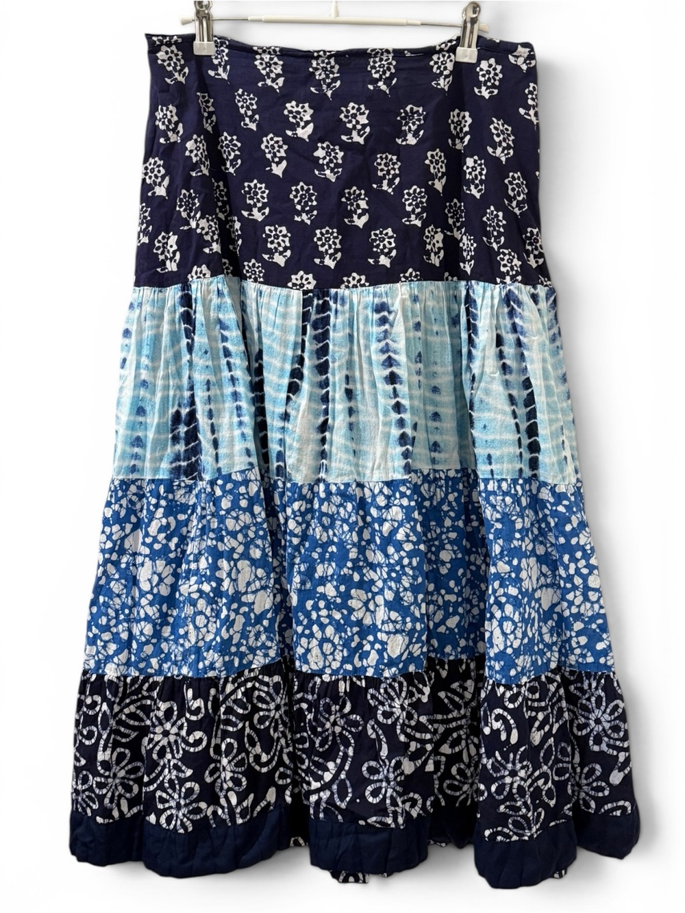 Blue Patchwork Floral Block Print Shibori Tie Dye Midi Skirt L - Picture 7 of 7